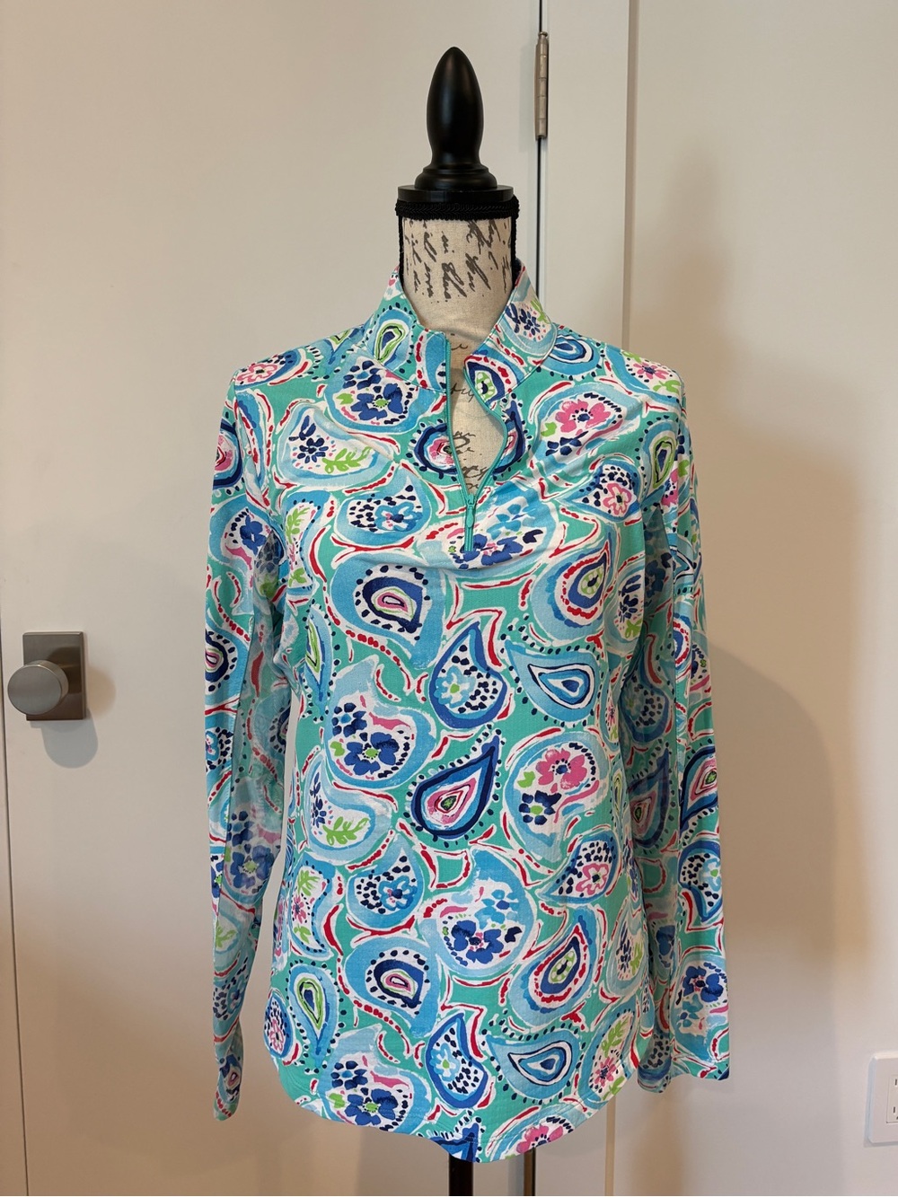 IBKUL Women's Long Sleeve Half-Zip Sun Protection Top, Size M, Aqua Paisley